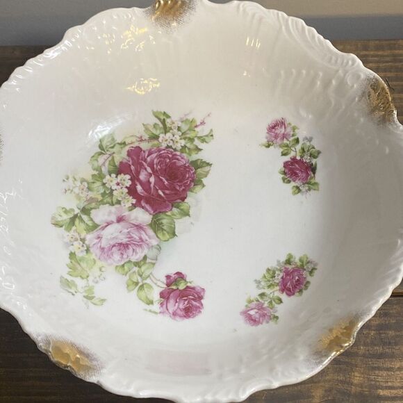 VTG Porcelain bowl red/pink roses 9” Shabby Chic Rare Gold Gilding - Picture 13 of 13